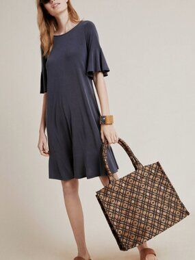 Anthropologie Averil Tee Dress Womens XSP Carbon Gray Ruffle Hem Bell Sleeve